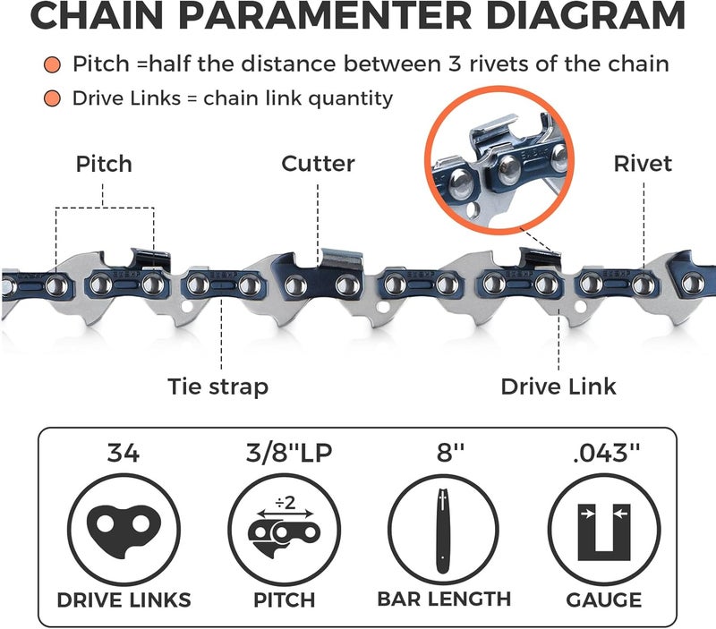 EXSHP 8 Inch Chainsaw Chain Mini Chainsaw Replacement Chain 8inch for Ryobi Kobalt and more, 3/8" LP Pitch, 050" Gauge, 34 Drive Links (3 Pack) (90YNP-6) - Image 2